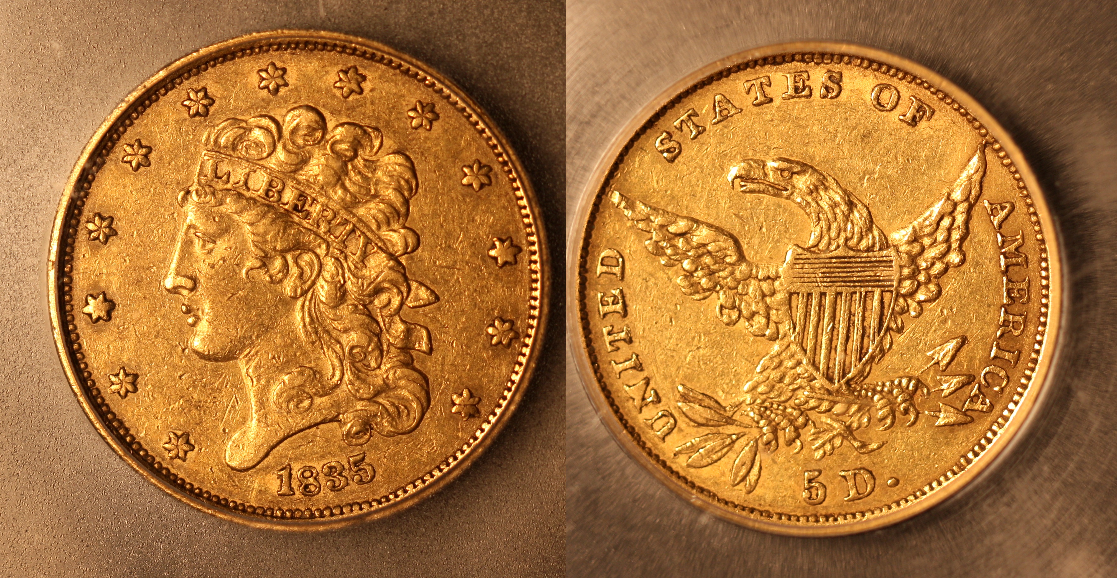 1835 Gold $5.00 Classic Half Eagle ICG AU-50 camera
