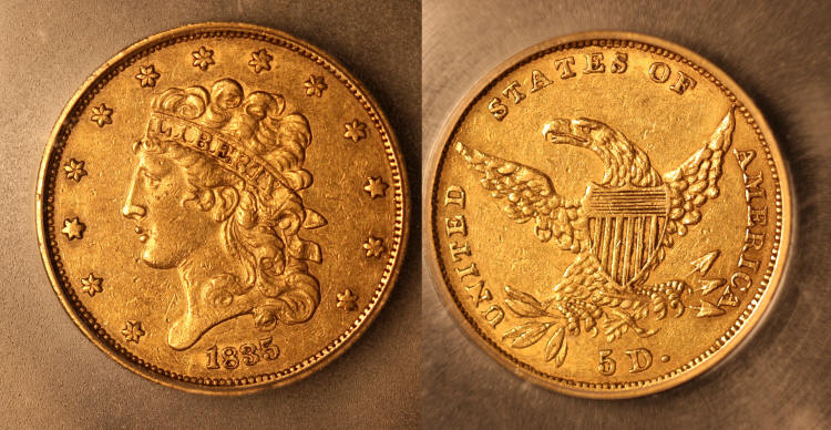 1835 Gold $5.00 Classic Half Eagle ICG AU-50 camera small