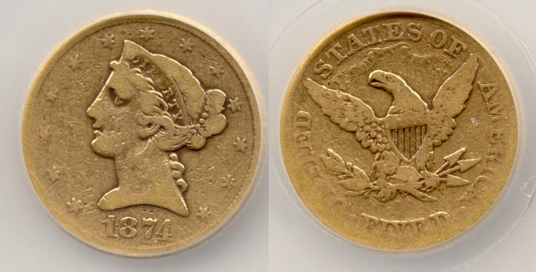 1874-S $5.00 Gold Half Eagle SEGS VG-8