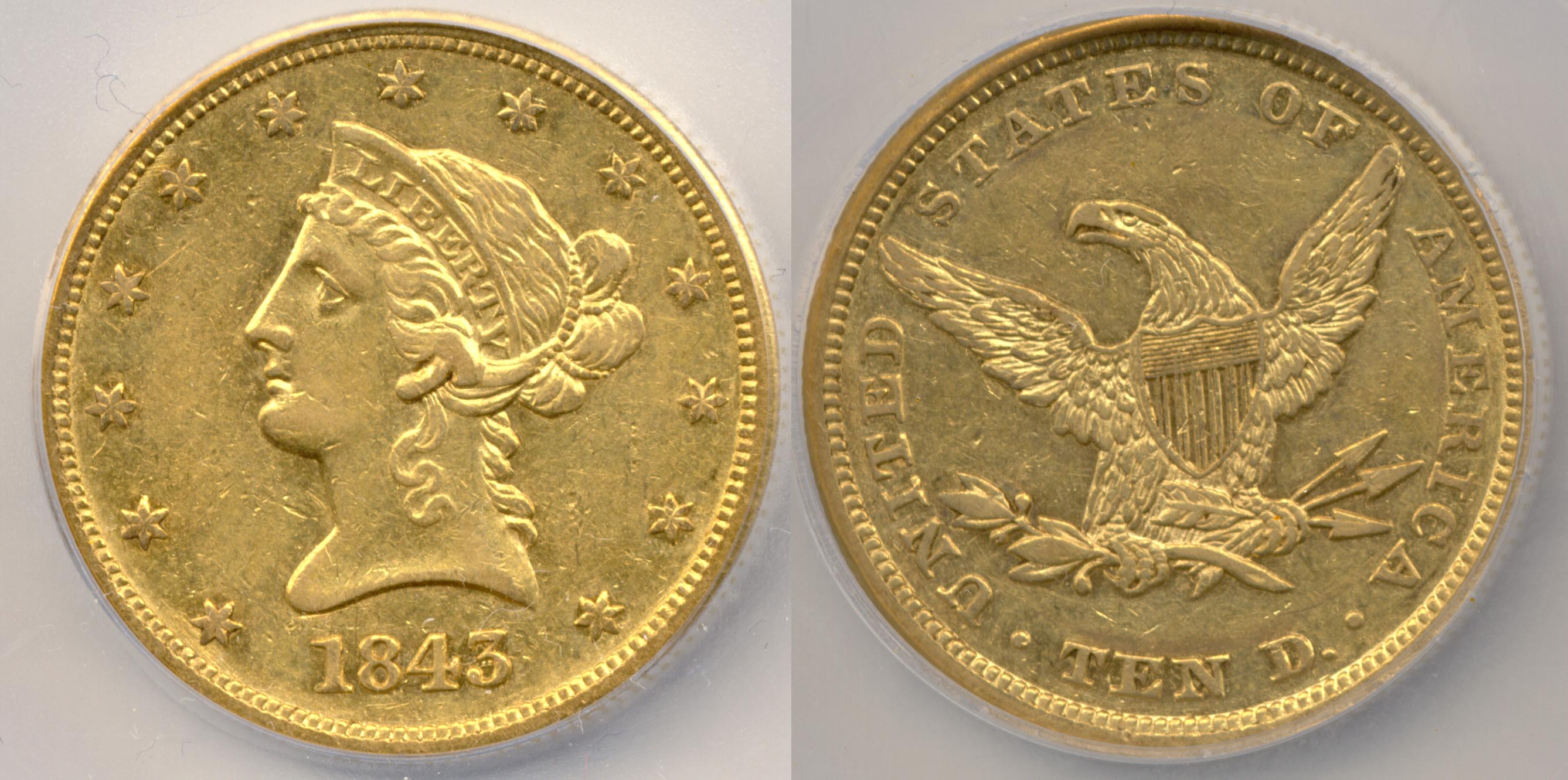 1843 Gold $10.00 Eagle ICG AU-55