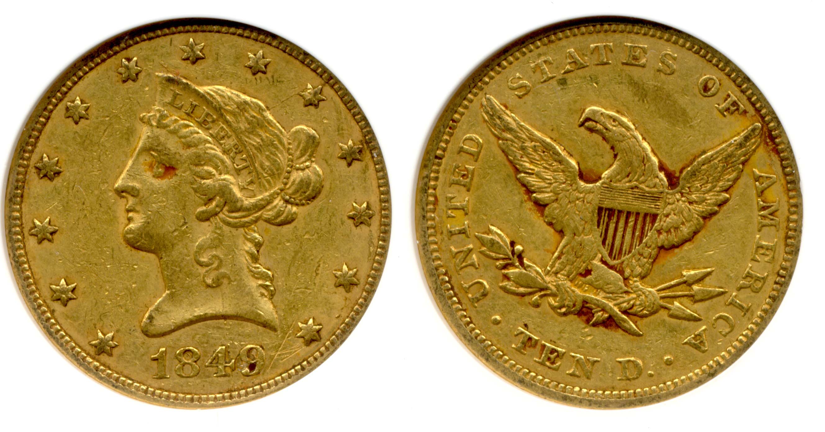 1849 $10.00 Gold Eagle ANACS AU-50 net EF-45 Repunched Date