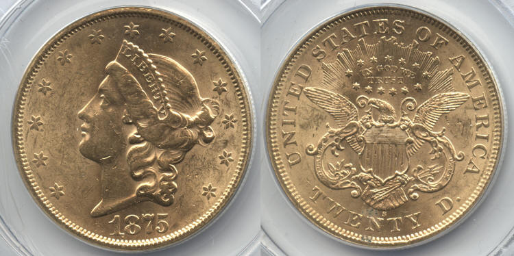 1875-S Gold $20.00 Double Eagle ANACS MS-60 small