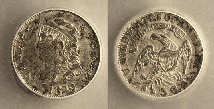 1829 Capped Bust Half Dime ICG AU-53 camera small