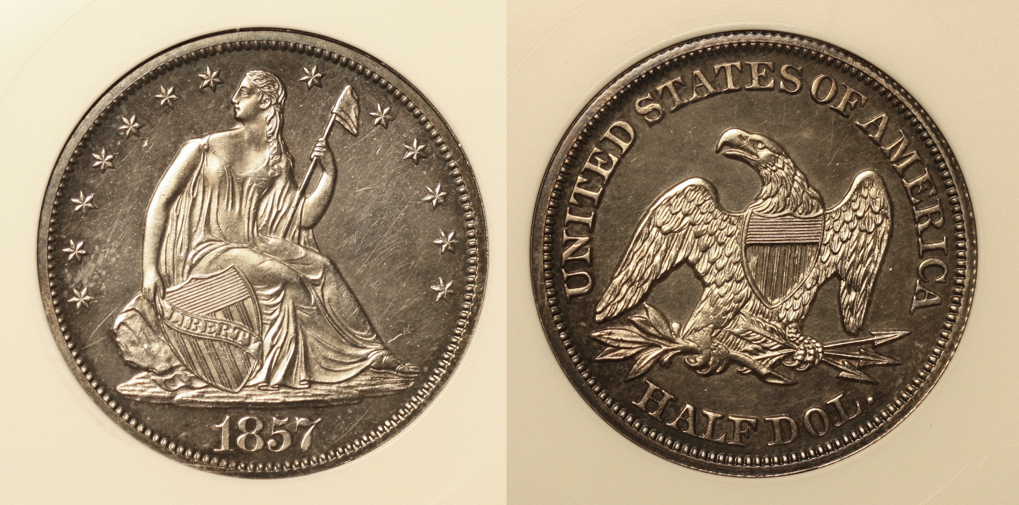 1857 Seated Liberty Half Dollar ANACS Proof-64 camera