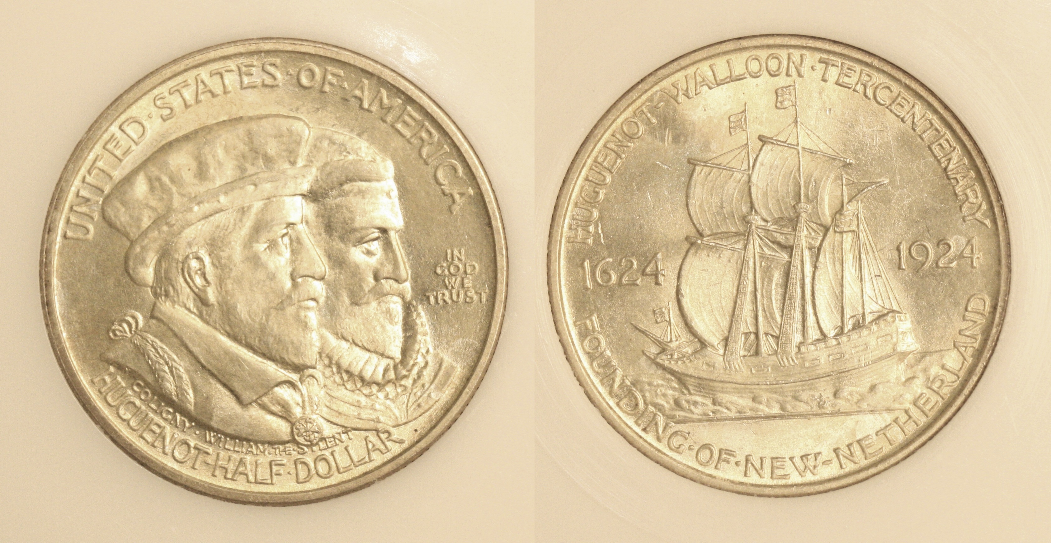 1924 Huguenot Commemorative Half Dollar PCI MS-66 camera