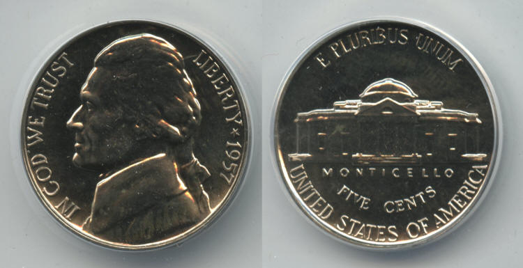 1957 Jefferson Nickel ANACS Proof-64 small