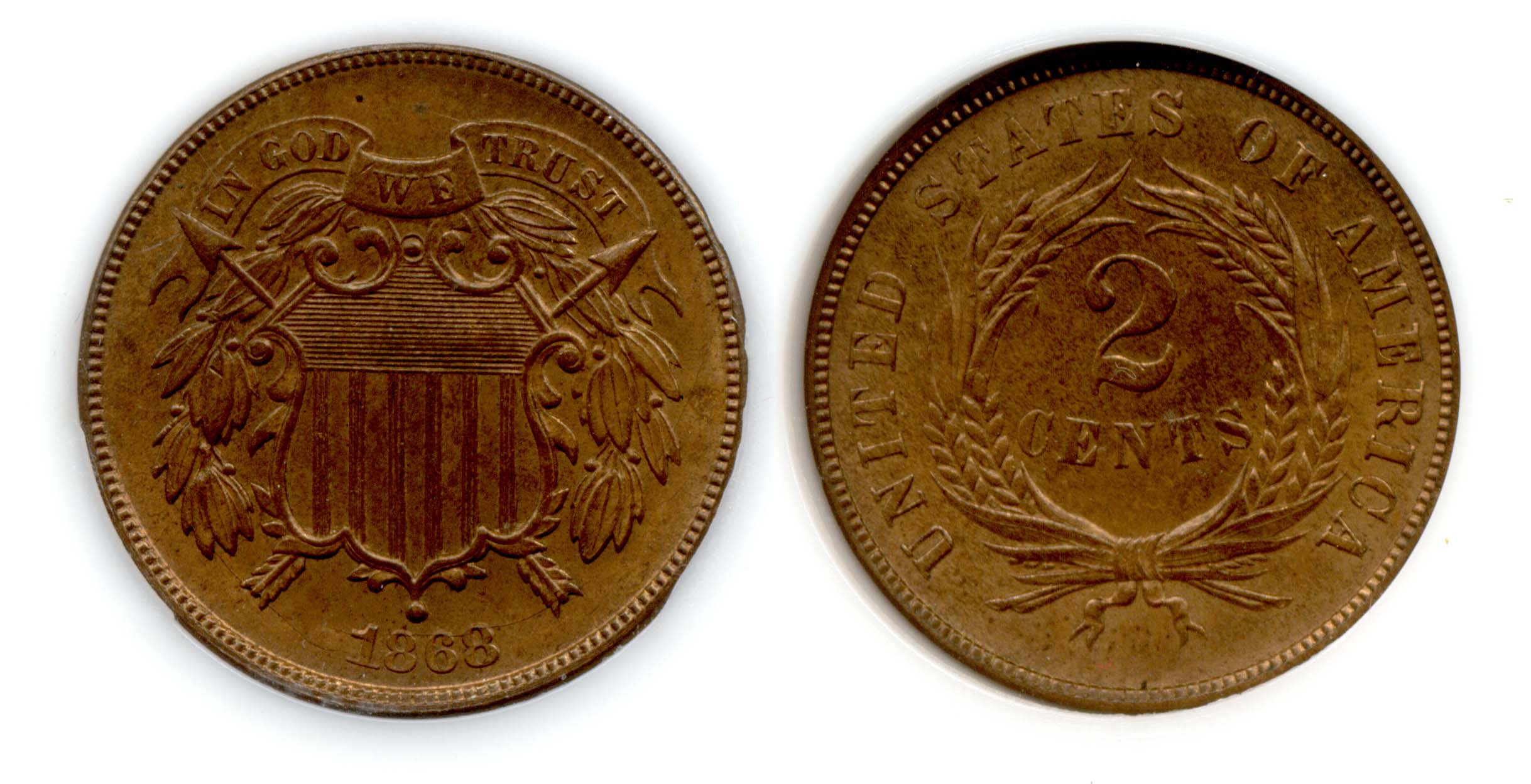 1868 Two Cent Piece PCI MS-64 Red and Brown