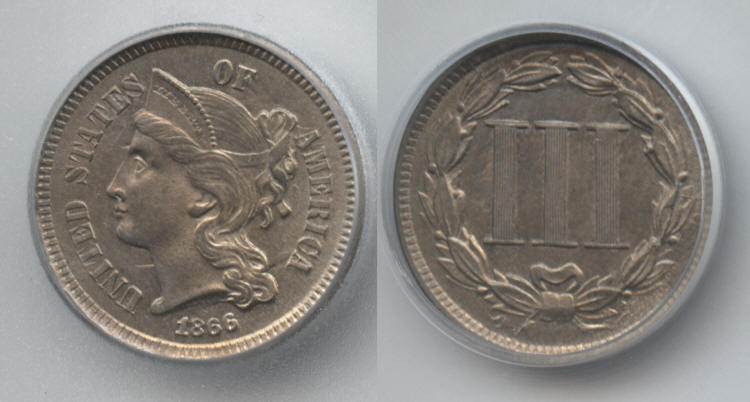 1866 Three Cent Nickel ICG MS-63 small