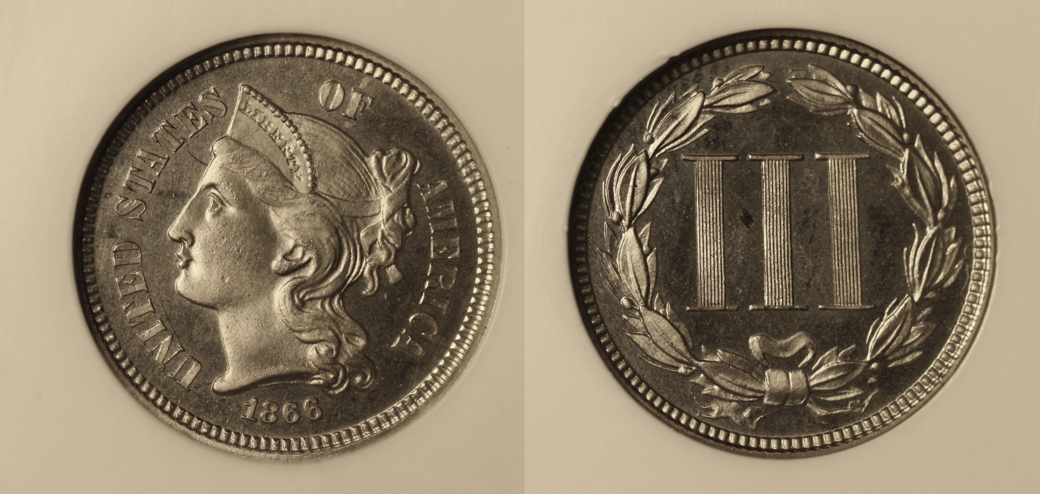 1866 Three Cent Nickel NGC Proof-65 Cameo camera