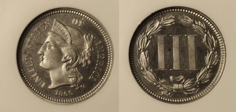 1866 Three Cent Nickel NGC Proof-65 Cameo camera small
