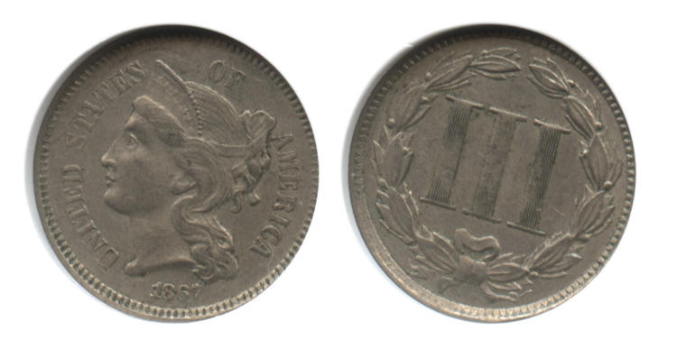 1867 Three Cent Nickel ANACS AU-55 small