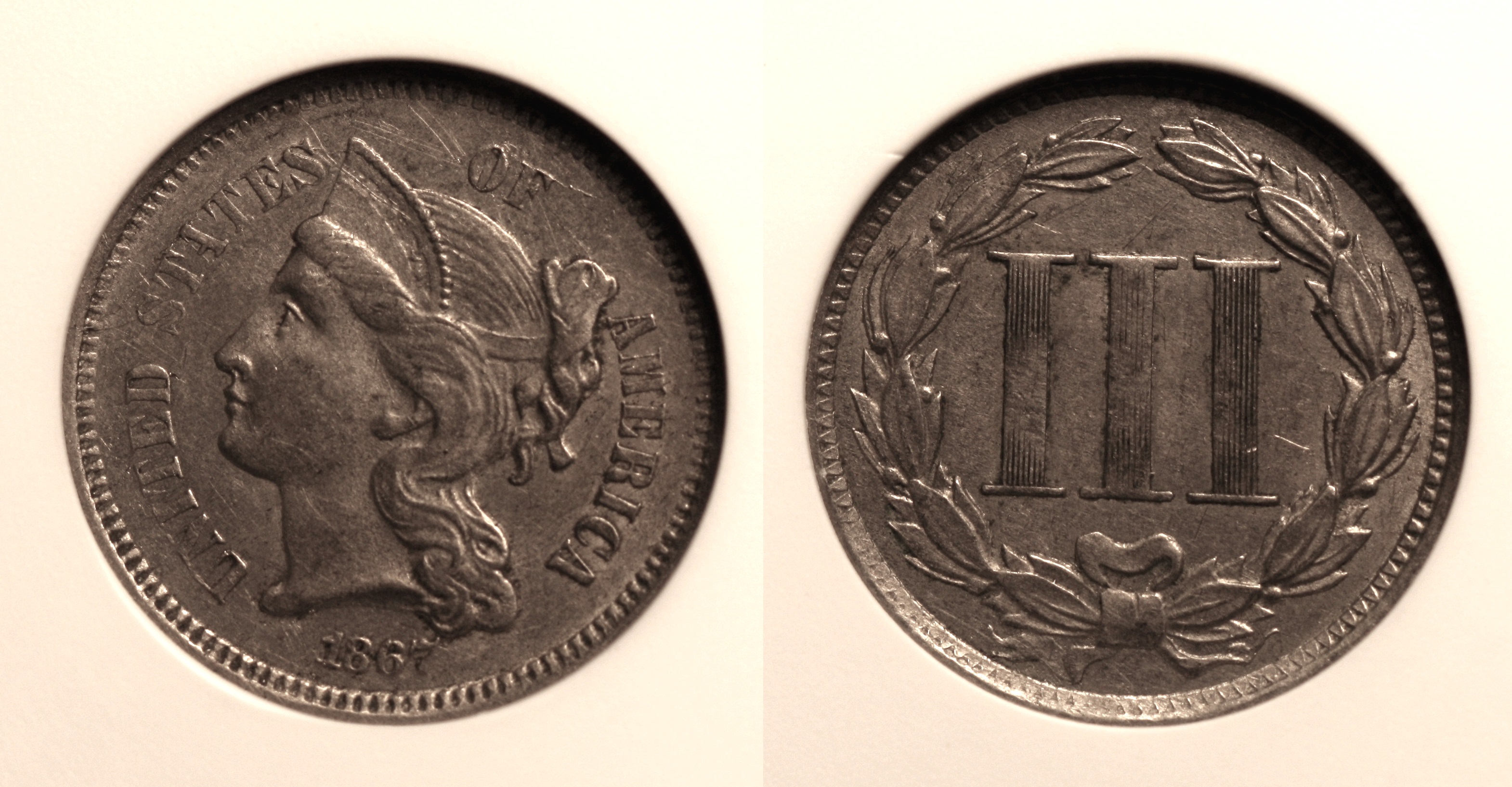 1867 Three Cent Nickel ANACS AU-55 camera