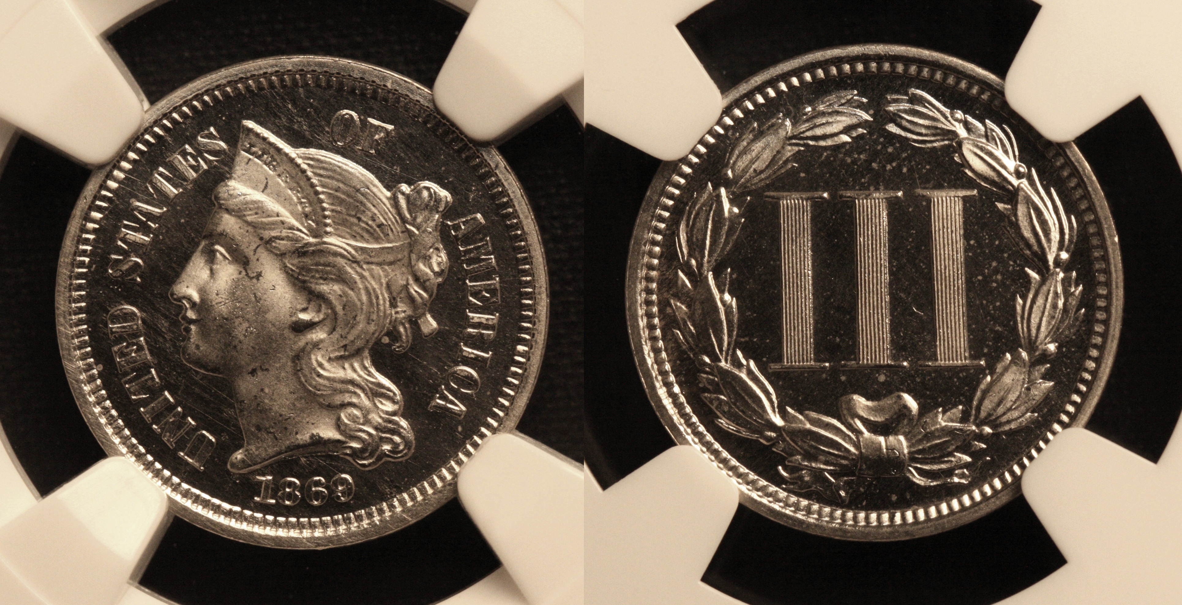 1869 Three Cent Nickel NGC Proof-65 Cameo camera
