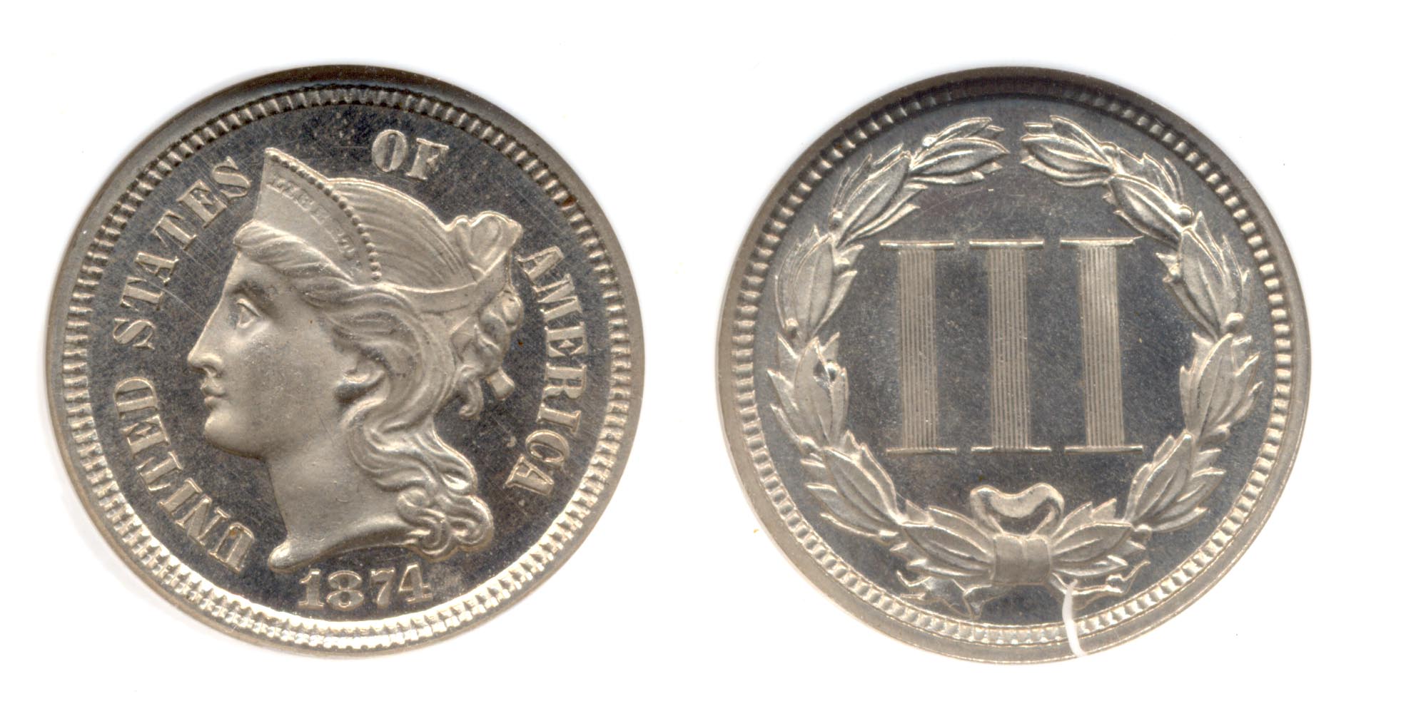 1874 Three Cent Nickel in NGC Cameo Proof-65