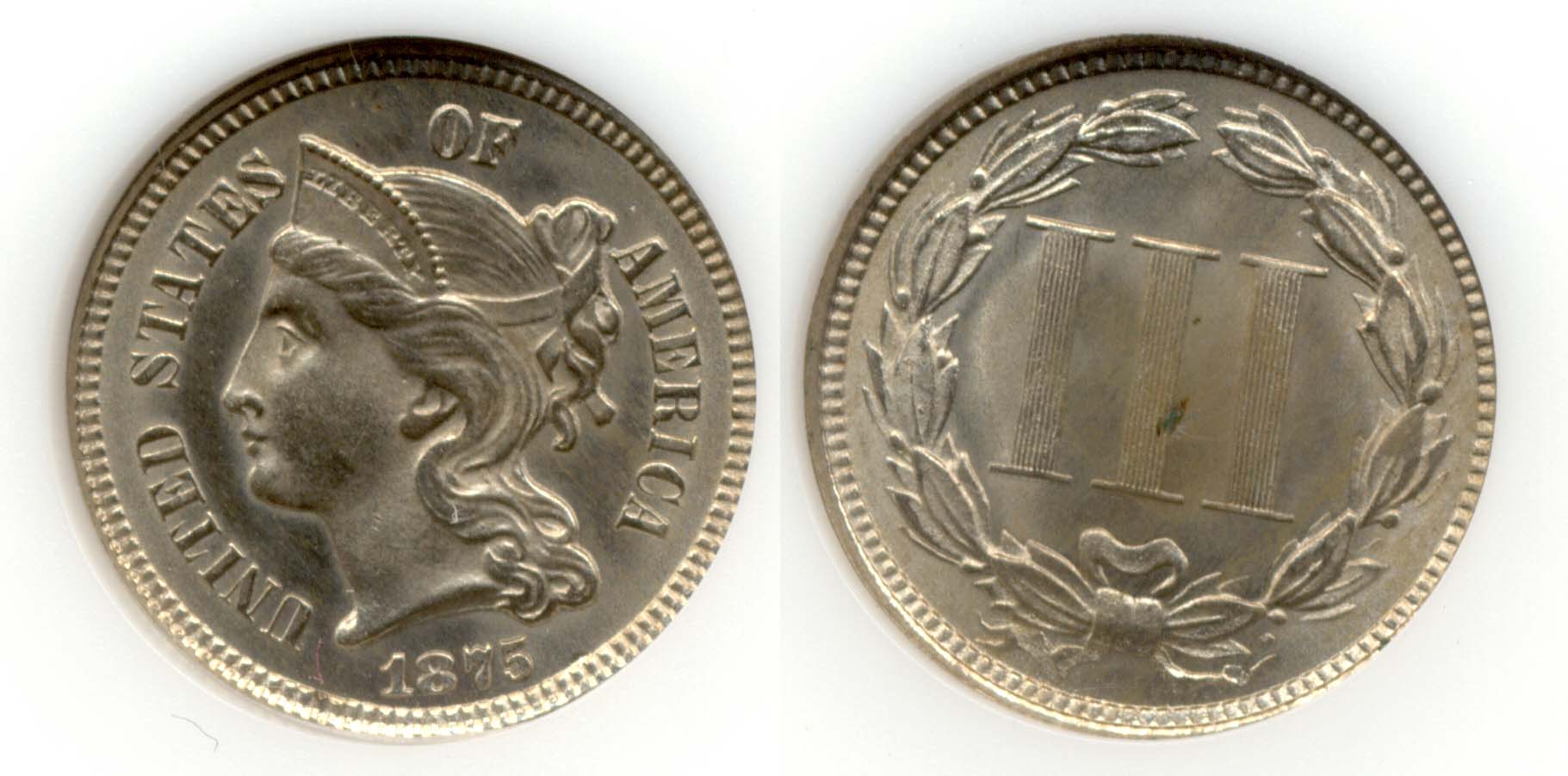 1875 Three Cent Nickel in ANACS MS-61