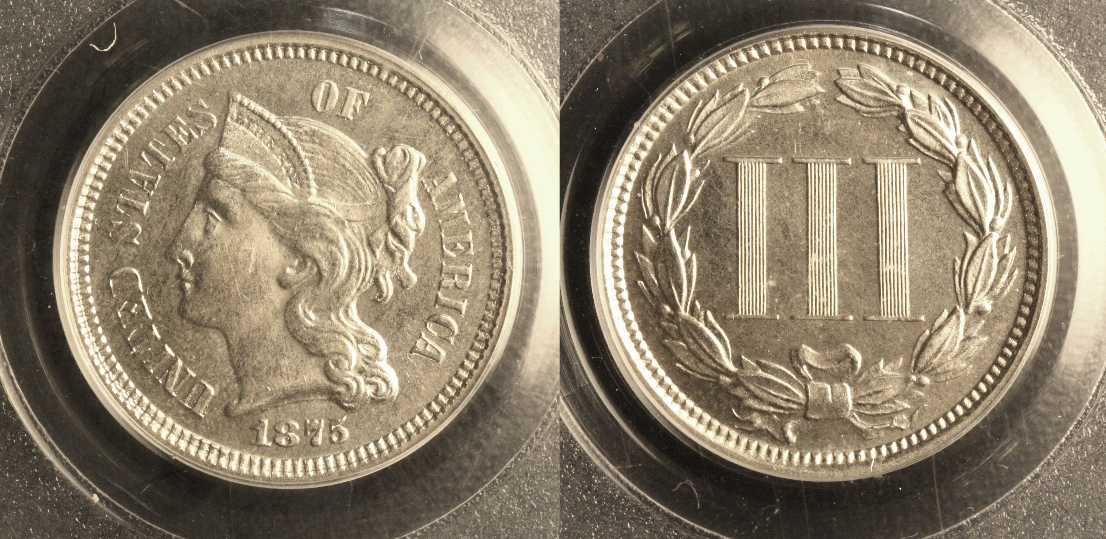 1875 Three Cent Nickel In PCGS Proof-65 camera
