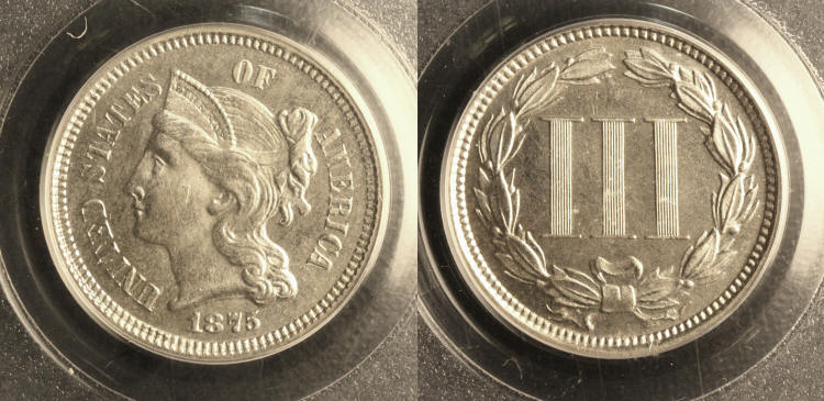 1875 Three Cent Nickel In PCGS Proof-65 camera small