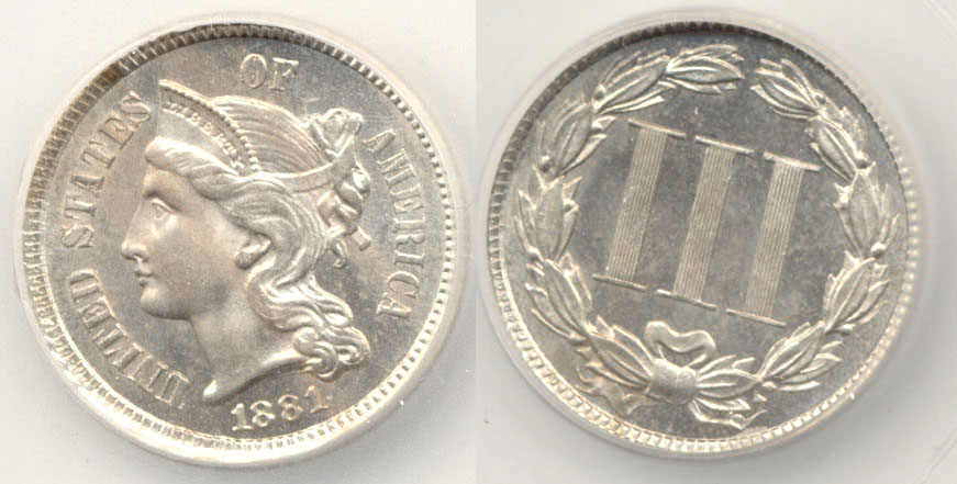 1881 Three Cent Nickel SEGS MS-65