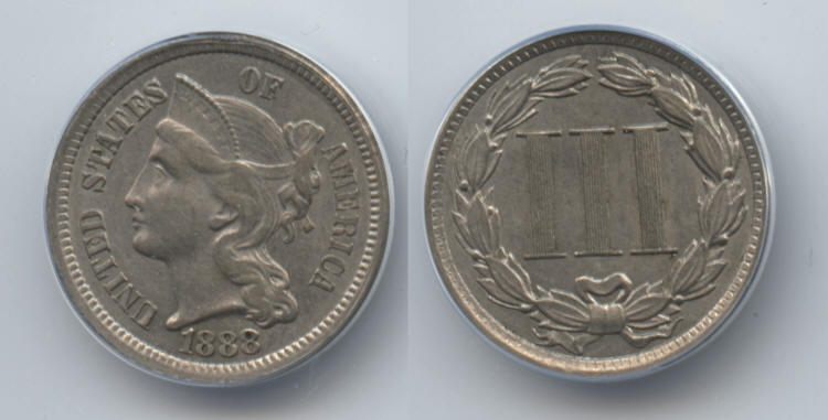 1888 Three Cent Nickel ANACS AU-50 small