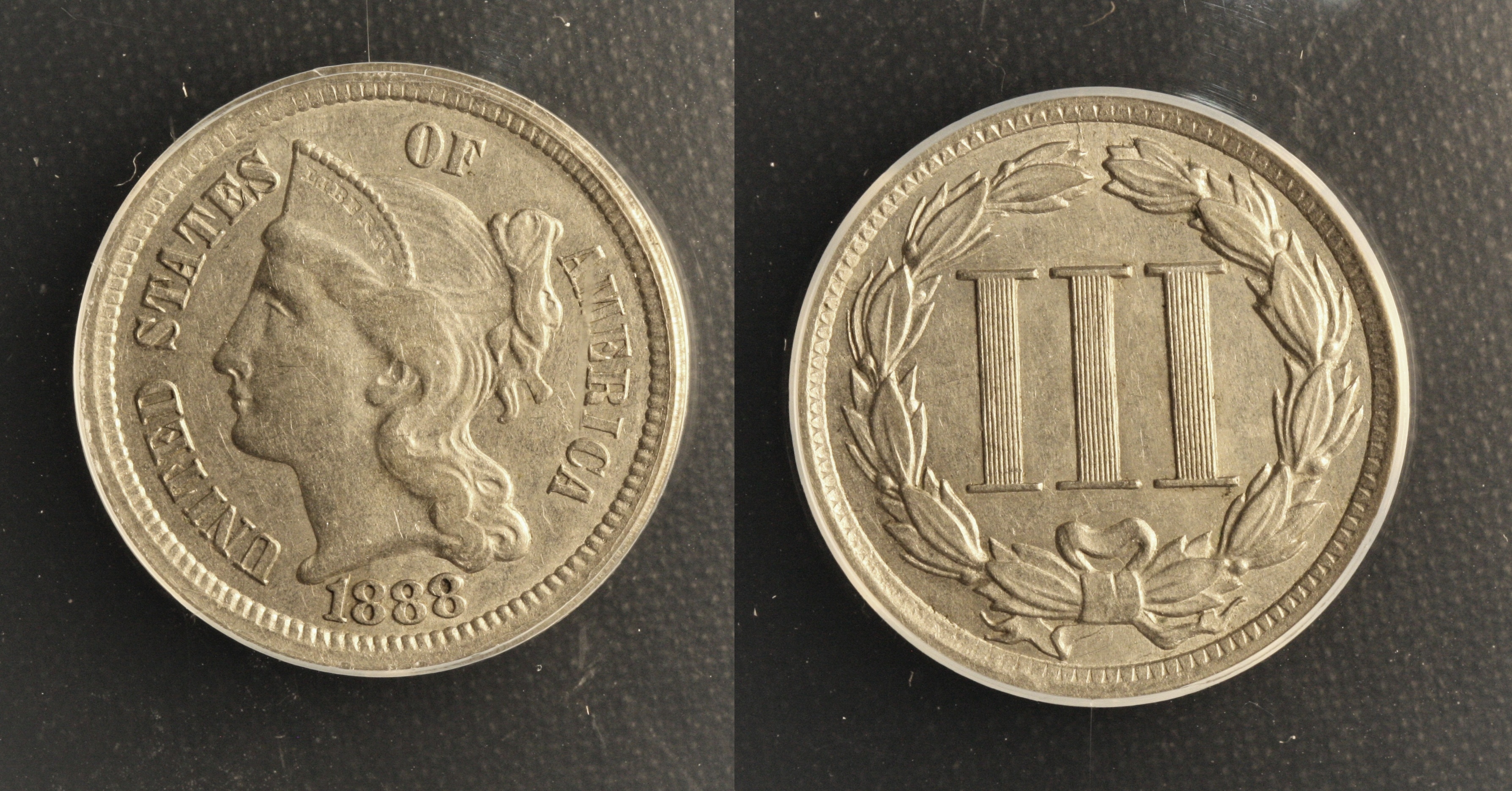 1888 Three Cent Nickel ANACS AU-50 camera