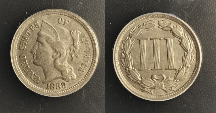 1888 Three Cent Nickel ANACS AU-50 camera small