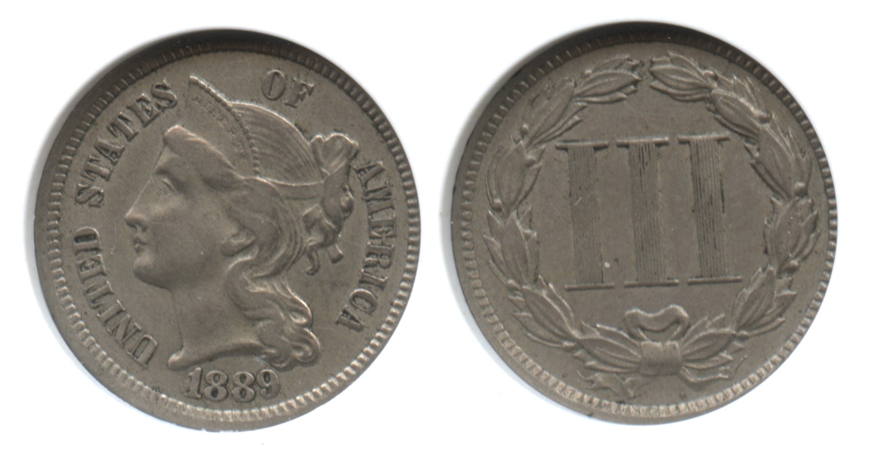 1889 Three Cent Nickel ANACS AU-53