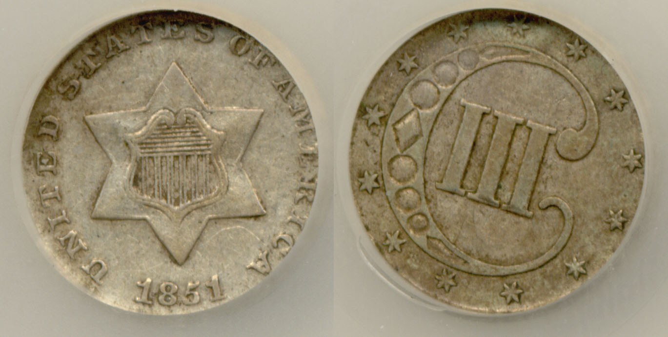 1851 Three Cents Silver in SEGS AU-50