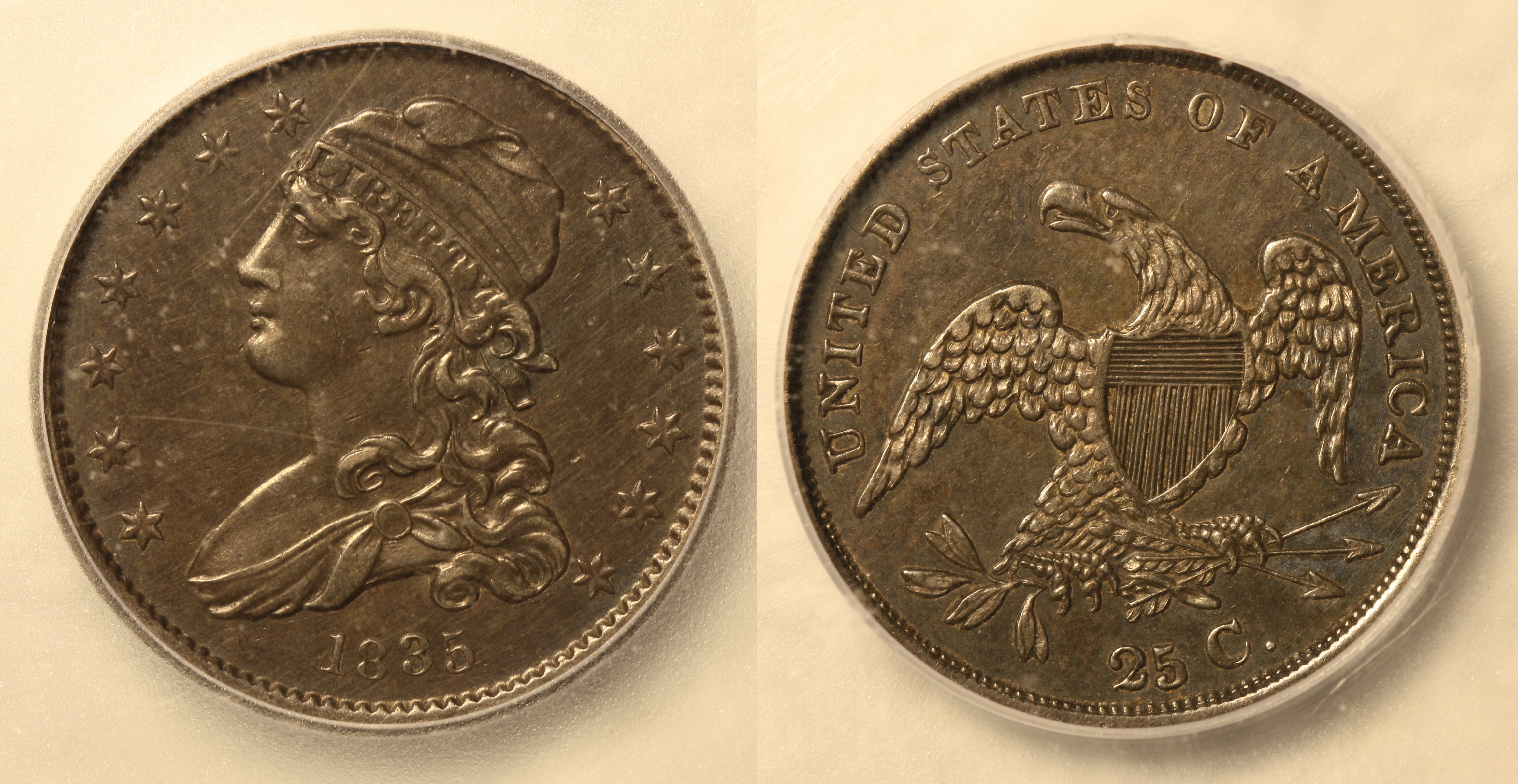 1835 Capped Bust Quarter ICG AU-55 camera