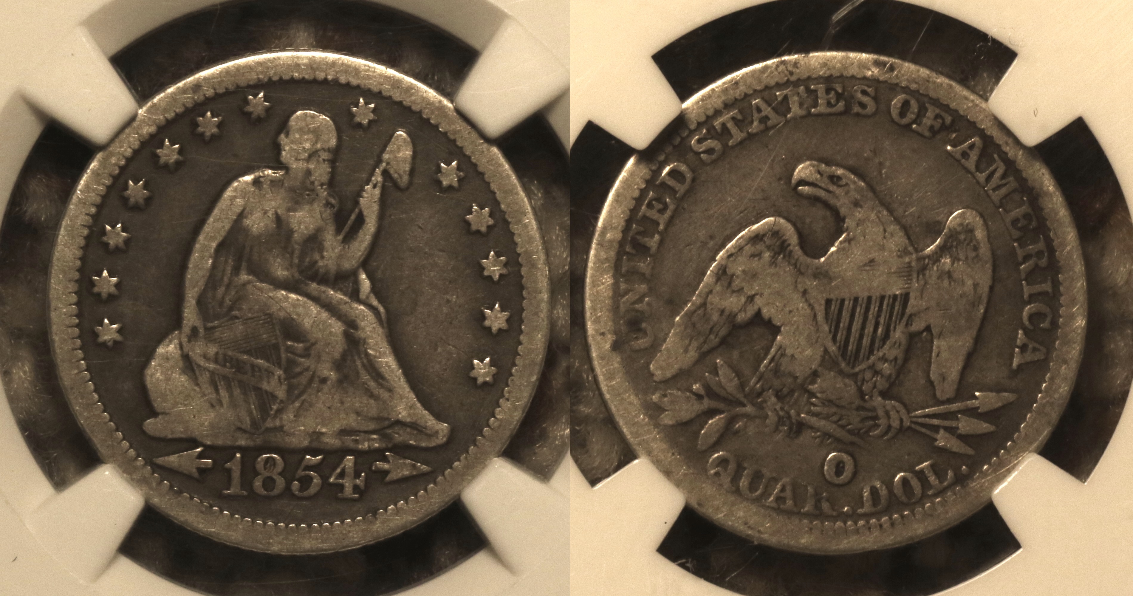 1854-O Huge O Seated Liberty Quarter NGC Fine-15 camera