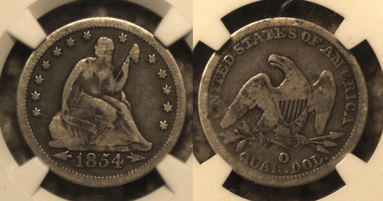 1854-O Huge O Seated Liberty Quarter NGC Fine-15 camera small