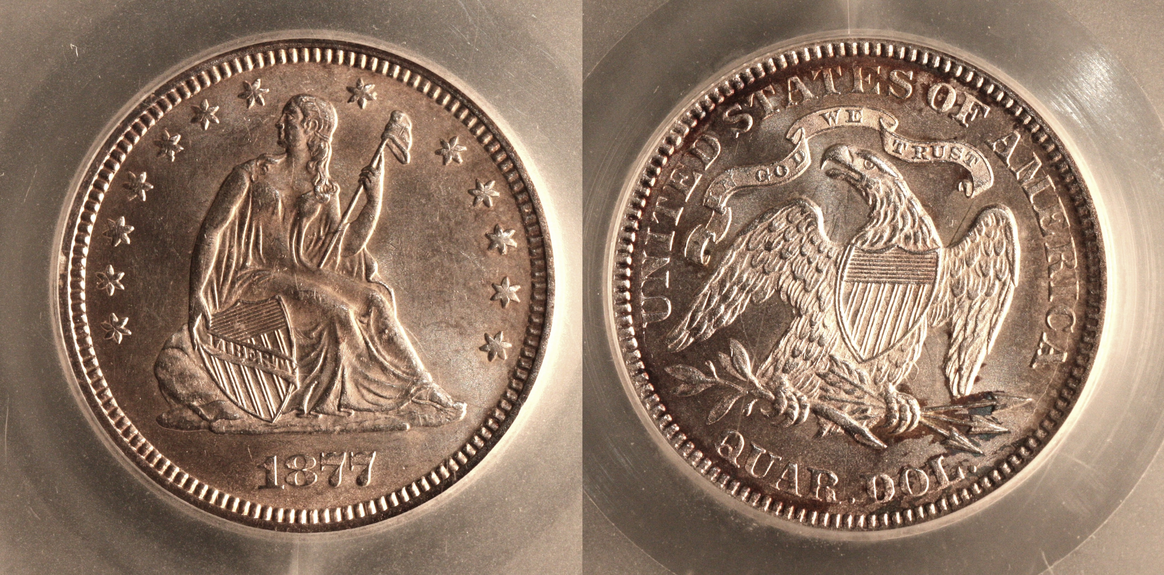 1877 Seated Liberty Quarter SEGS MS-64 camera