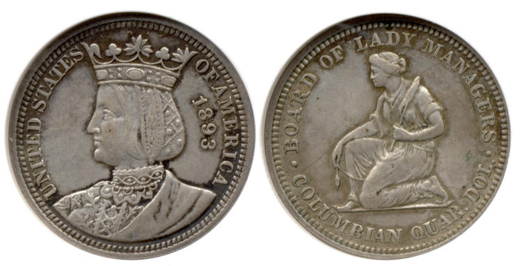 1893 Isabella Commemorative Quarter ANACS AU-53 Details Cleaned small
