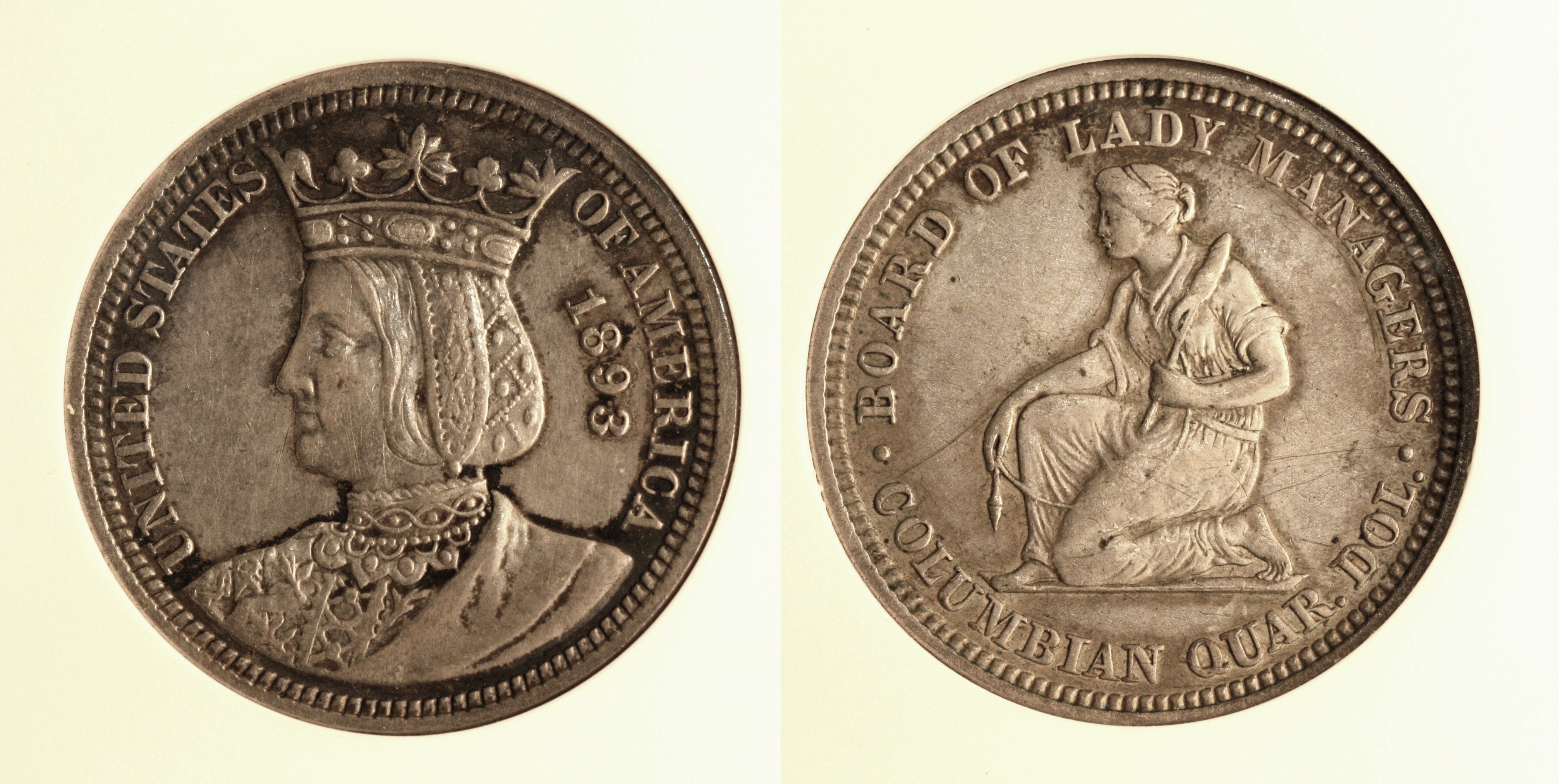 1893 Isabella Commemorative Quarter ANACS AU-53 Details Cleaned camera