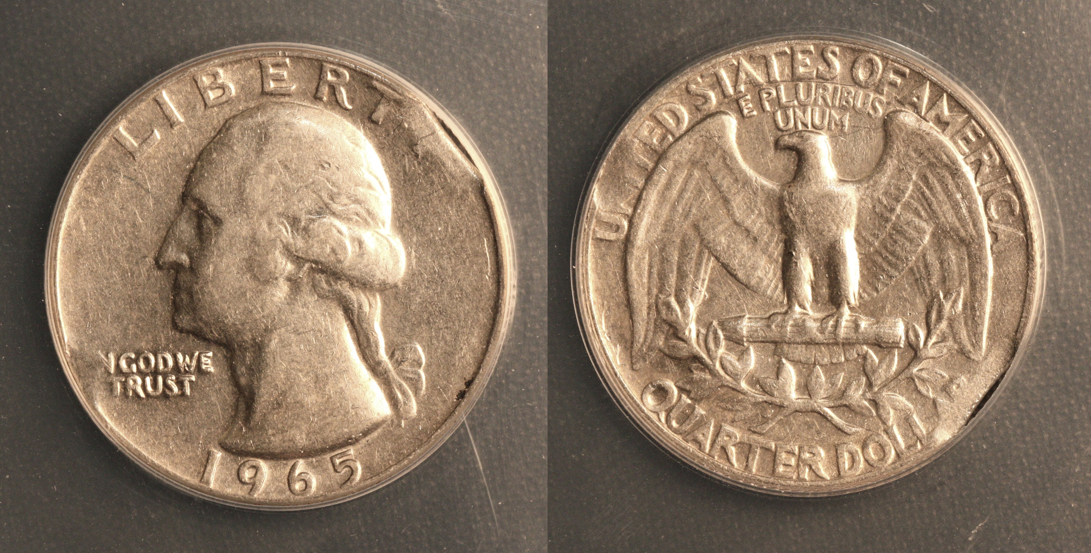 1965 Washington Quarter ANACS AU-50 Curved Clip camera