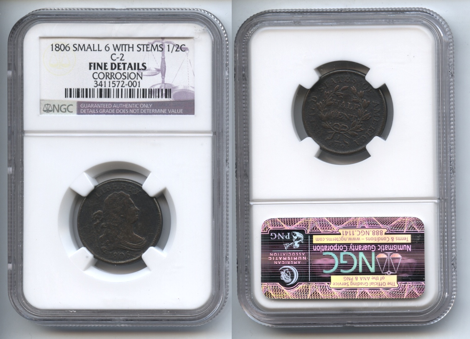 1806 Draped Bust Half Cent NGC Fine Details Small 6 With Stems