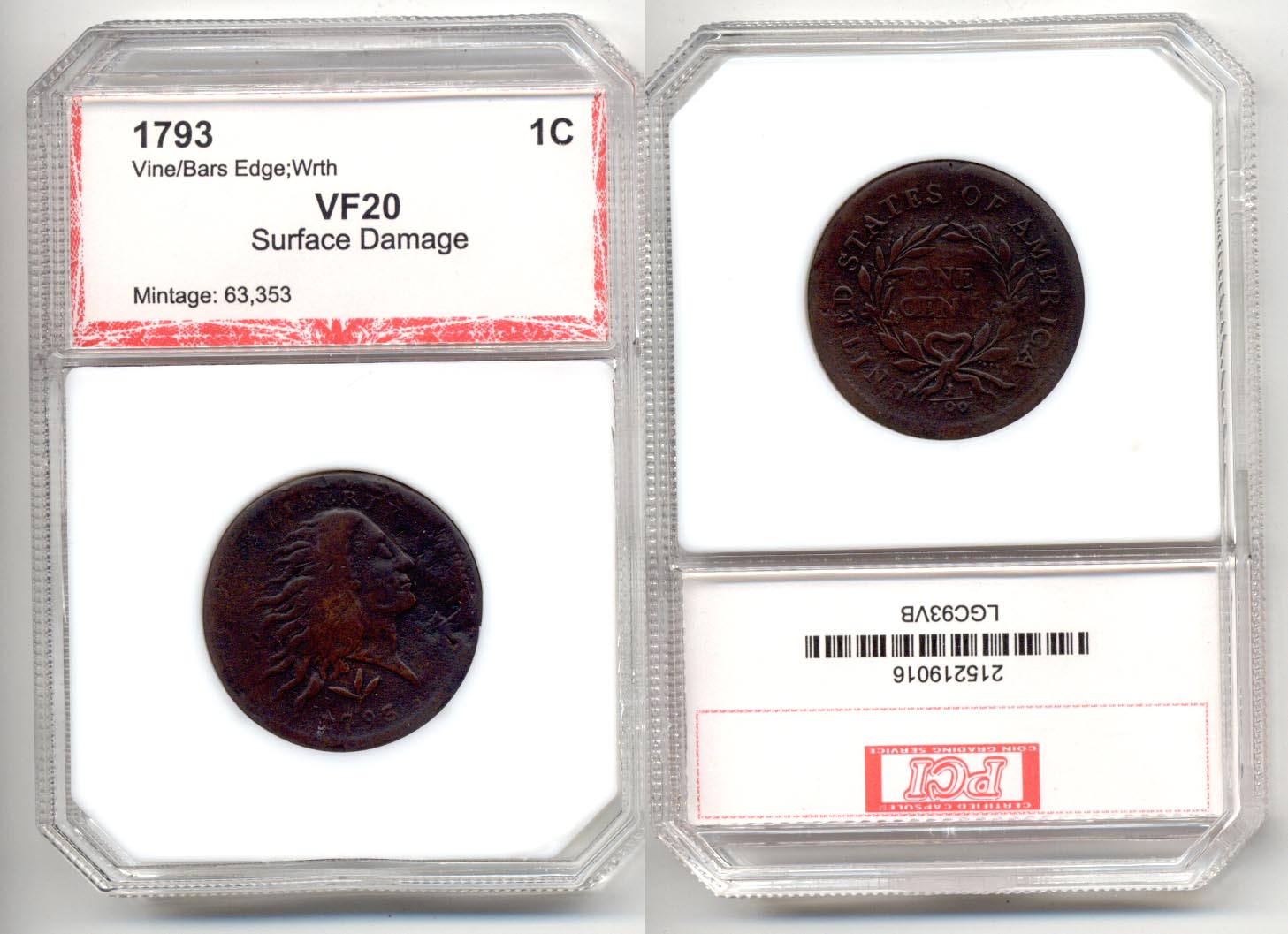 1793 Vine and Bars Wreath Large Cent PCI VF-20 Surface Damage