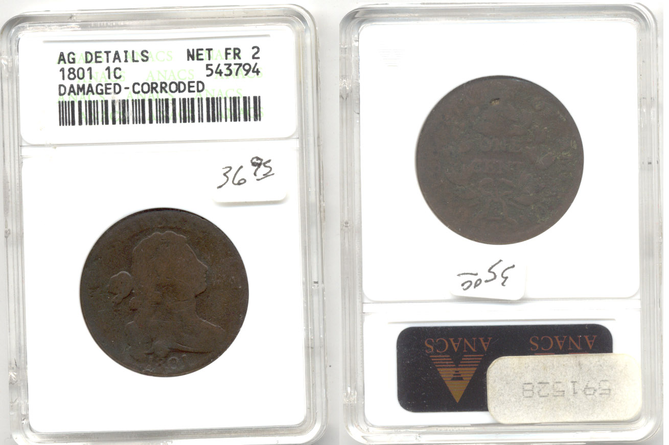 1801 Draped Bust Large Cent ANACS net Fair-2