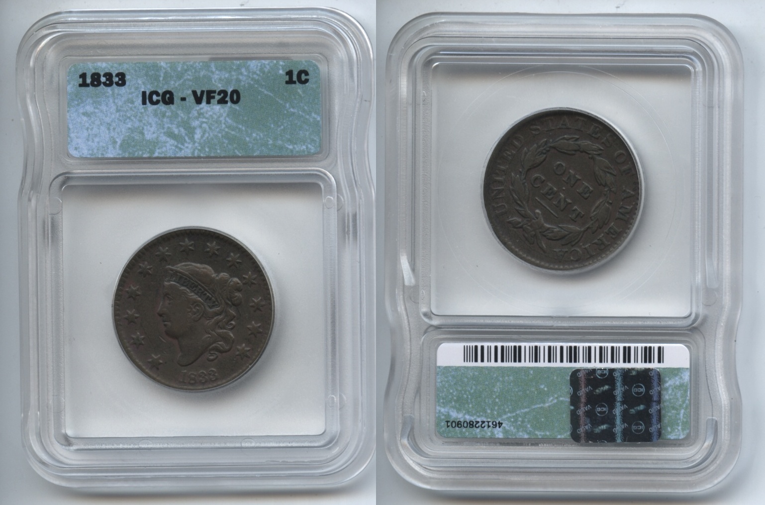 1833 Large Cent ICG VF-20