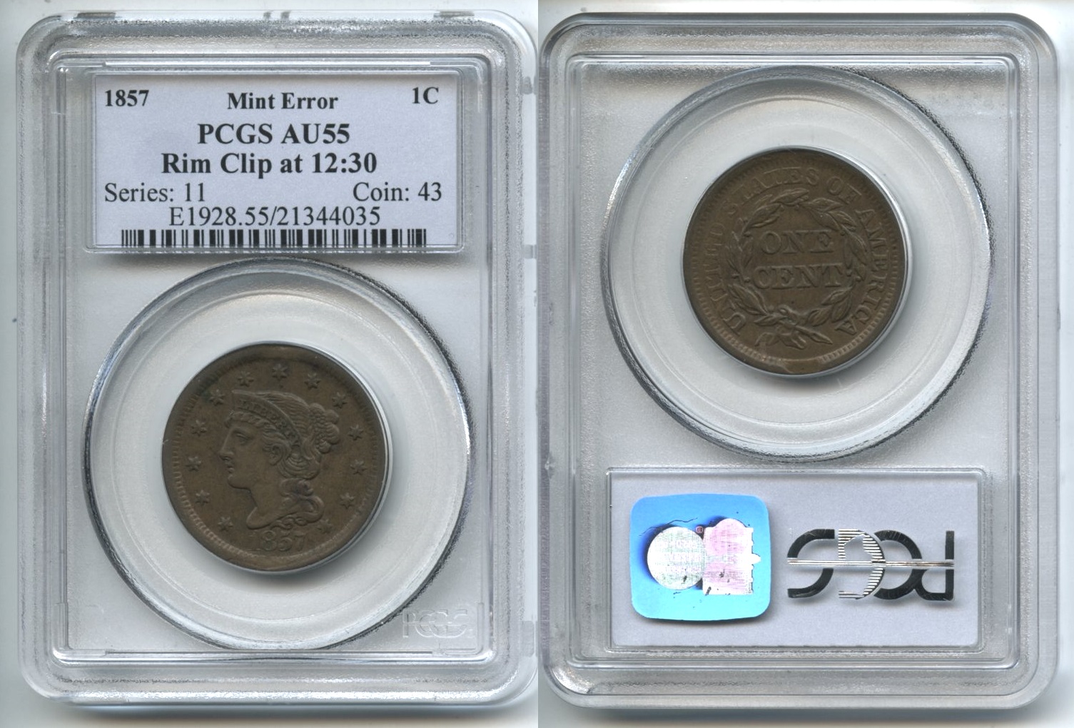 1857 Large Cent PCGS AU-55 Rim Clip