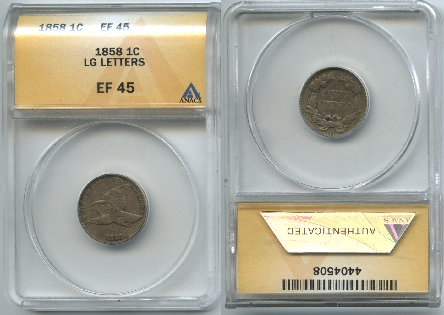 1858 Large Letters Flying Eagle Cent ANACS EF-45