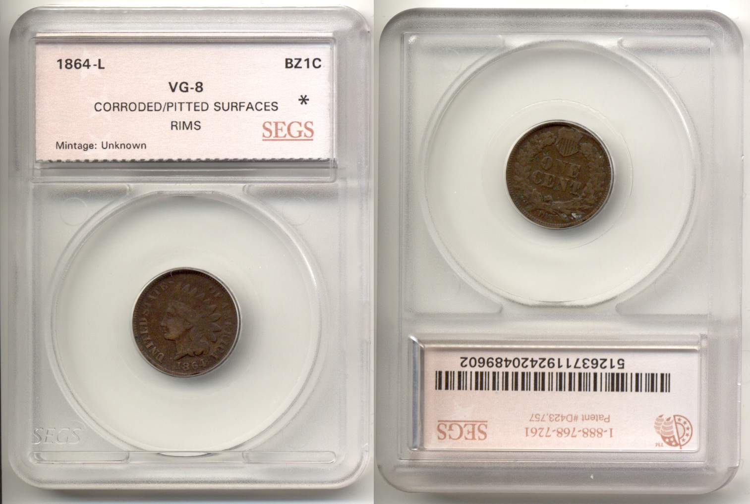 1864-L Indian Head Cent SEGS VG-8 Pitted