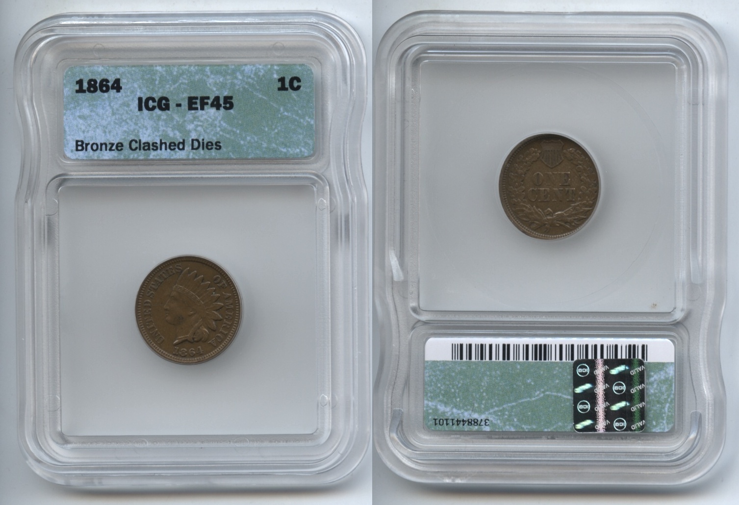 1864 Bronze Indian Head Cent ICG EF-45 Clashed Dies