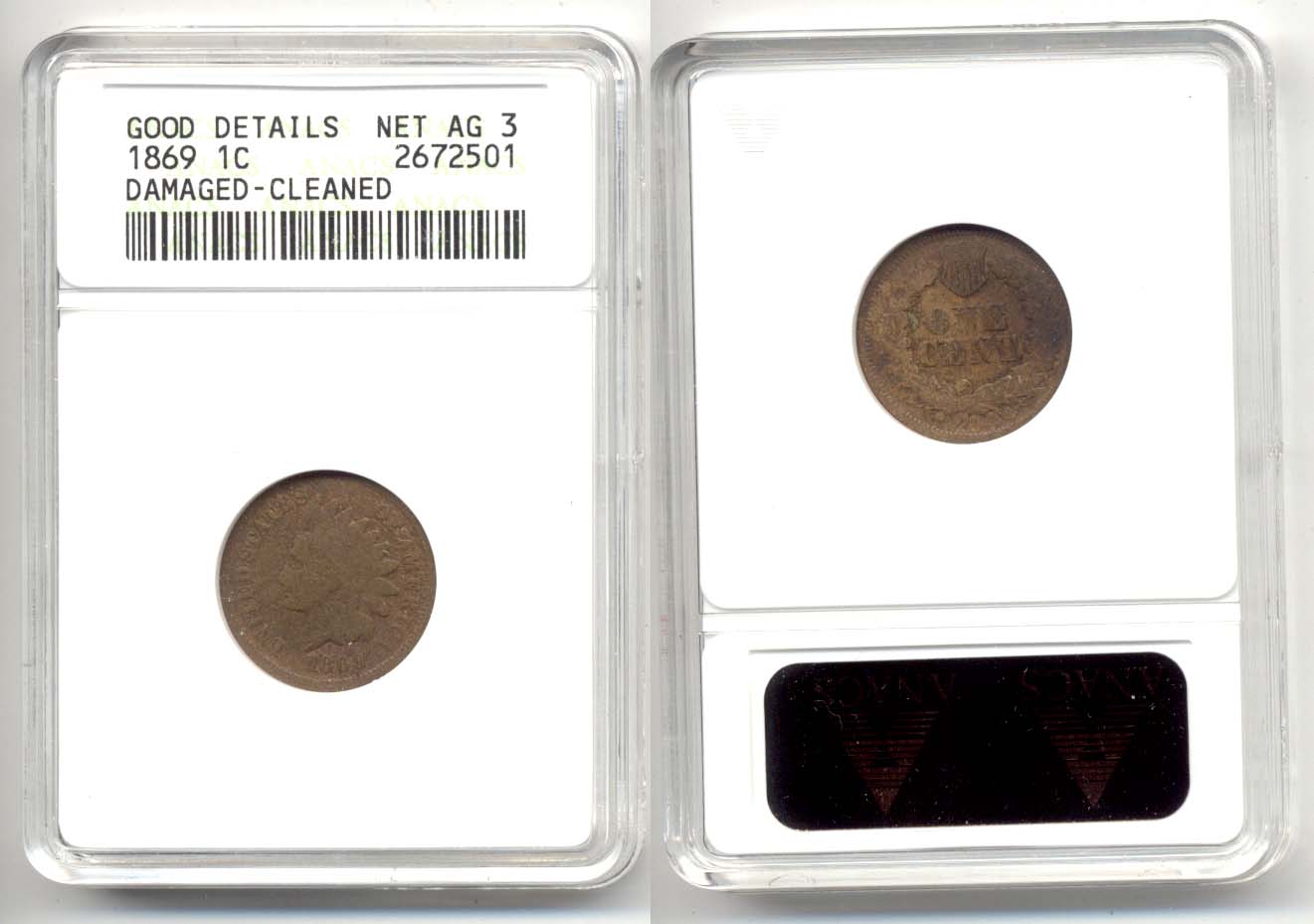 1869 Indian Head Cent ANACS net AG-3