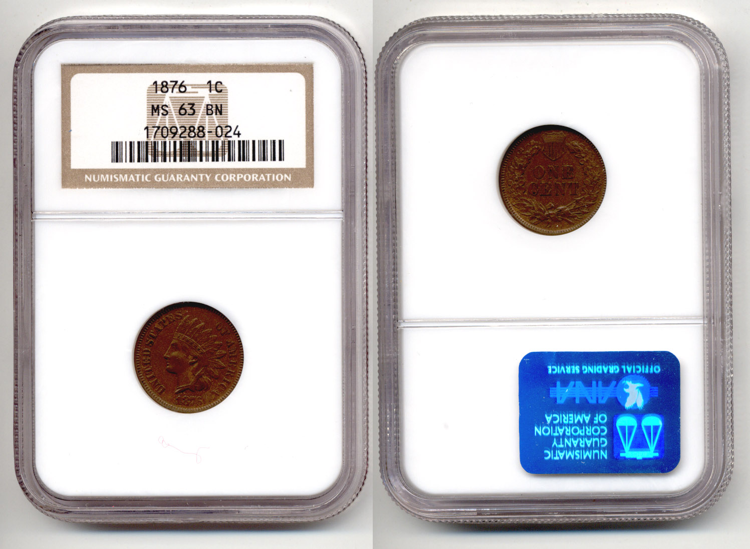1876 Indian Head Cent NGC MS-63BN