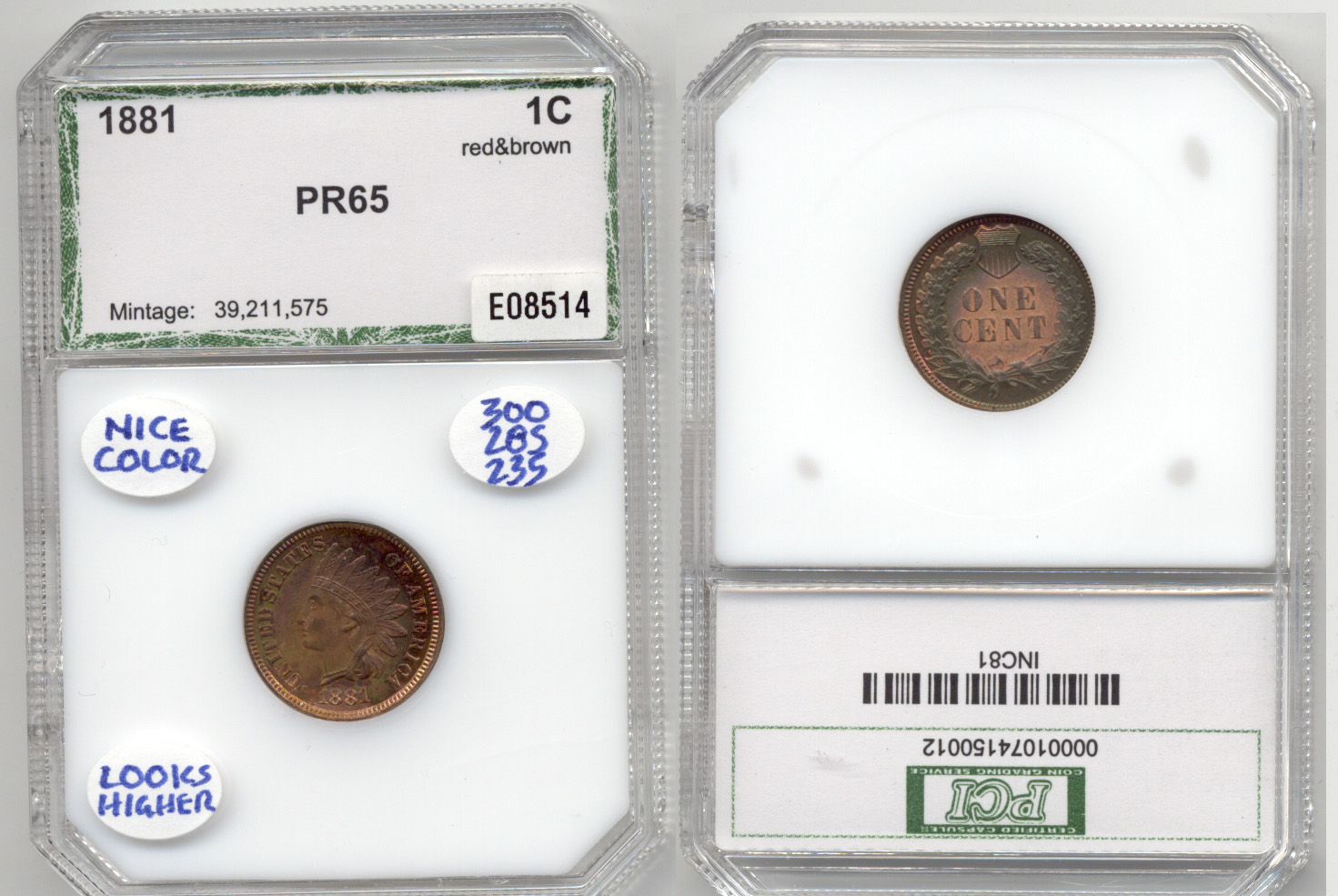 1881 Indian Head Cent in PCI Proof-65 Red Brown