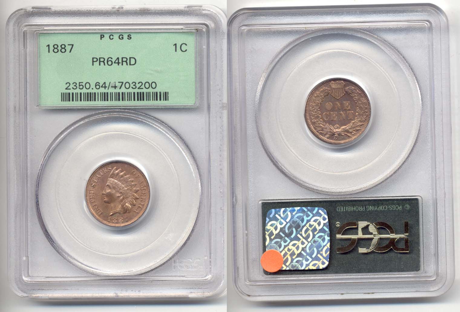 1887 Indian Head Cent PCGS Proof-64 Red