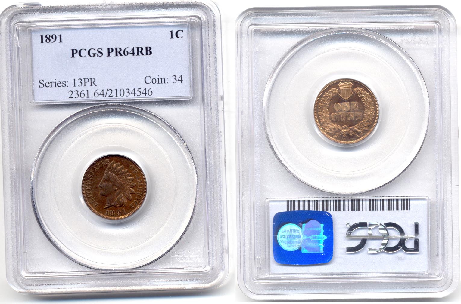 1891 Indian Head Cent in PCGS Proof-64 Red Brown