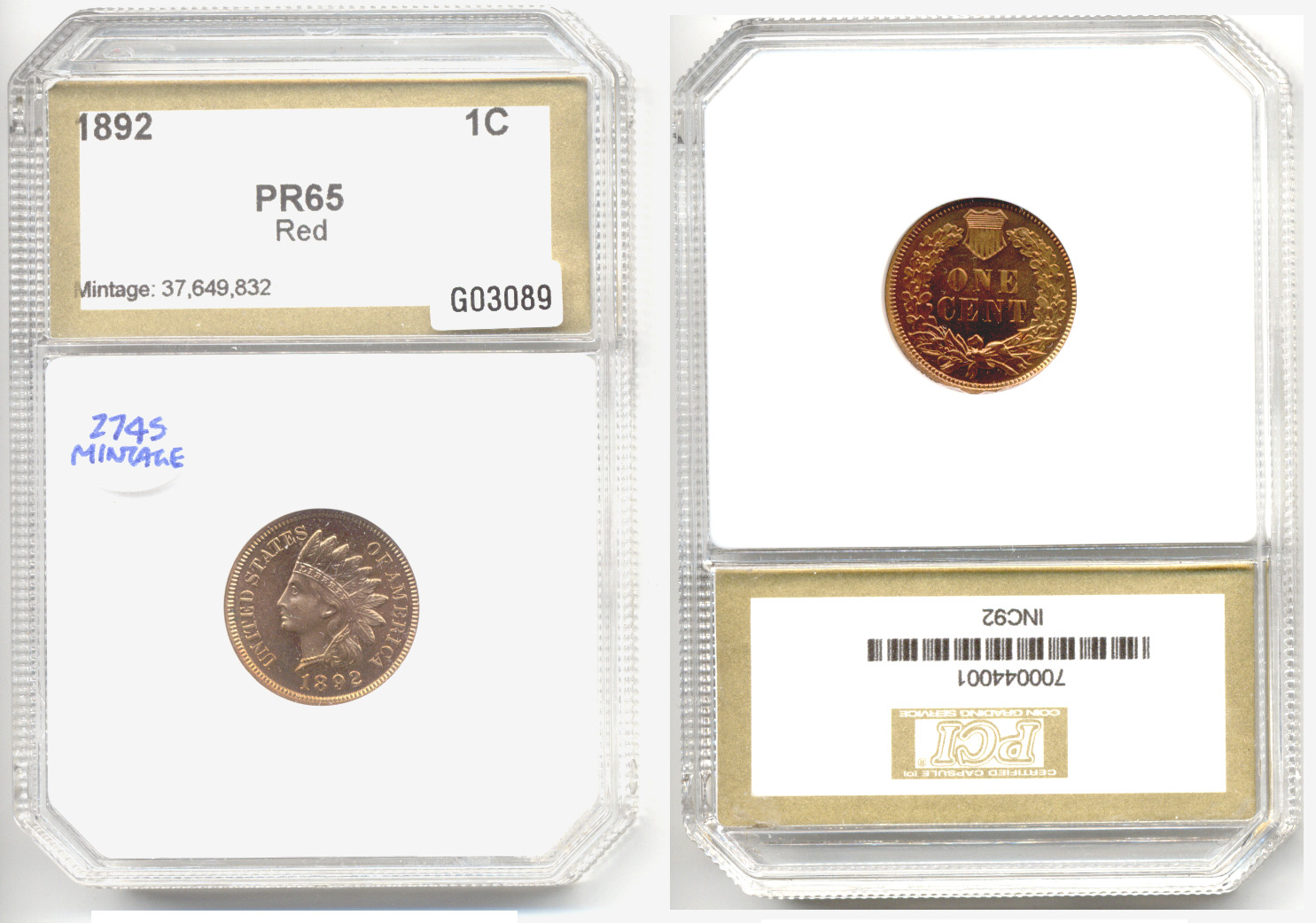 1892 Indian Head Cent PCI Proof-65 Red