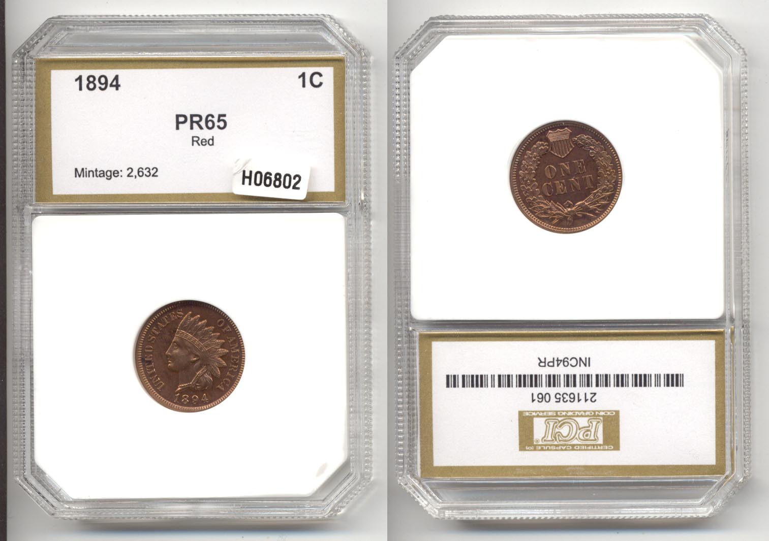 1894 Indian Head Cent PCI Proof-65 Red