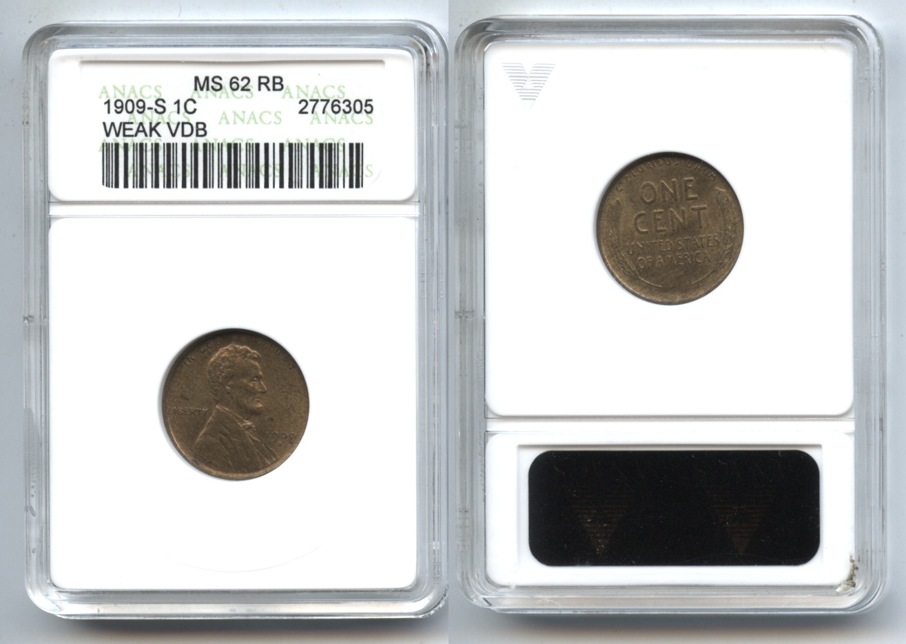 1909-S VDB Lincoln Cent ANACS MS-62 Weak VDB